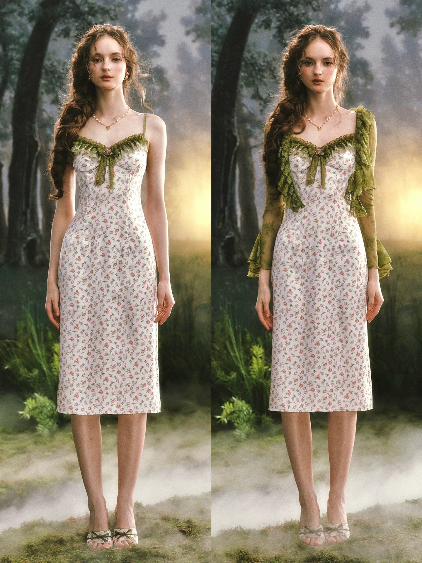 LaceMade váy hoa nhí dáng ôm phối ren vintage_V22