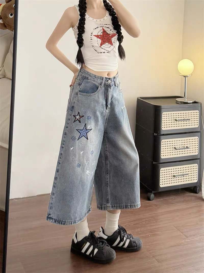 Quần jeans ống rộng thêu ngôi sao_E11