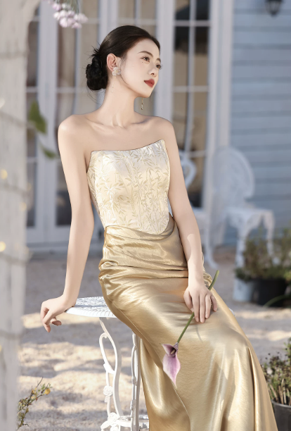 Váy cúp ngực dáng dài satin thêu sang trọng_I58