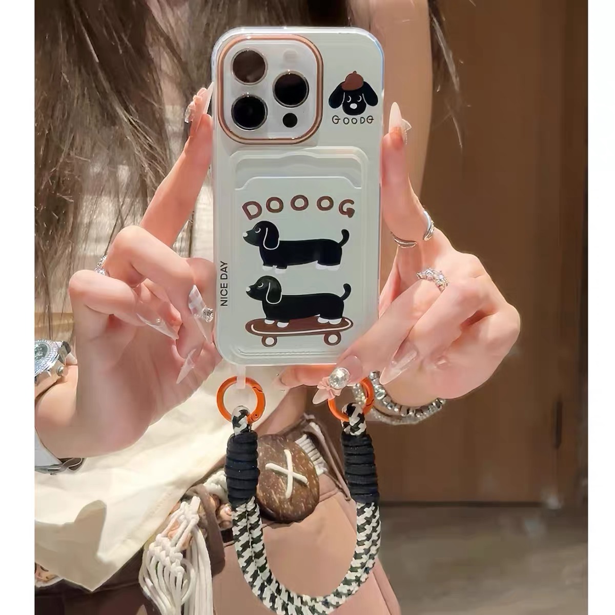 Ốp lưng điện thoại ngăn thẻ hình cún Doodle kèm dây đeo_O161 (Iphone, Huawei, Honor, OPPO, Vivo, Xiaomi & Redmi)