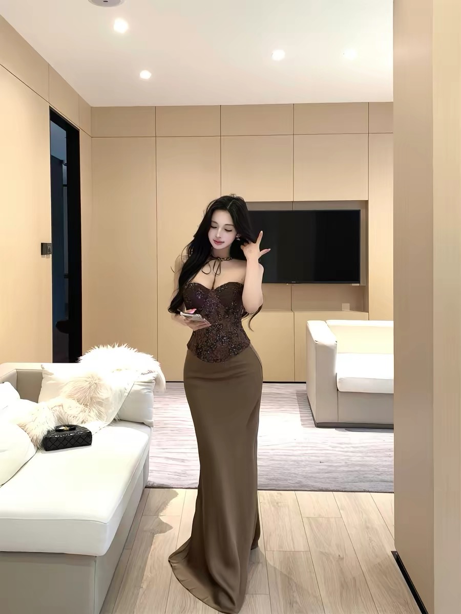 Áo corset ren phối chân váy lụa dài_V37
