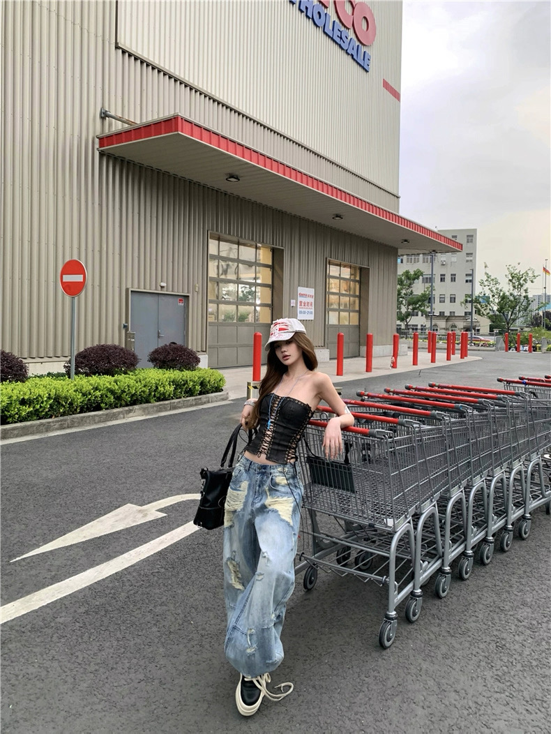 Áo corset ôm body phối quần jean ống rộng bụi bặm_Q06