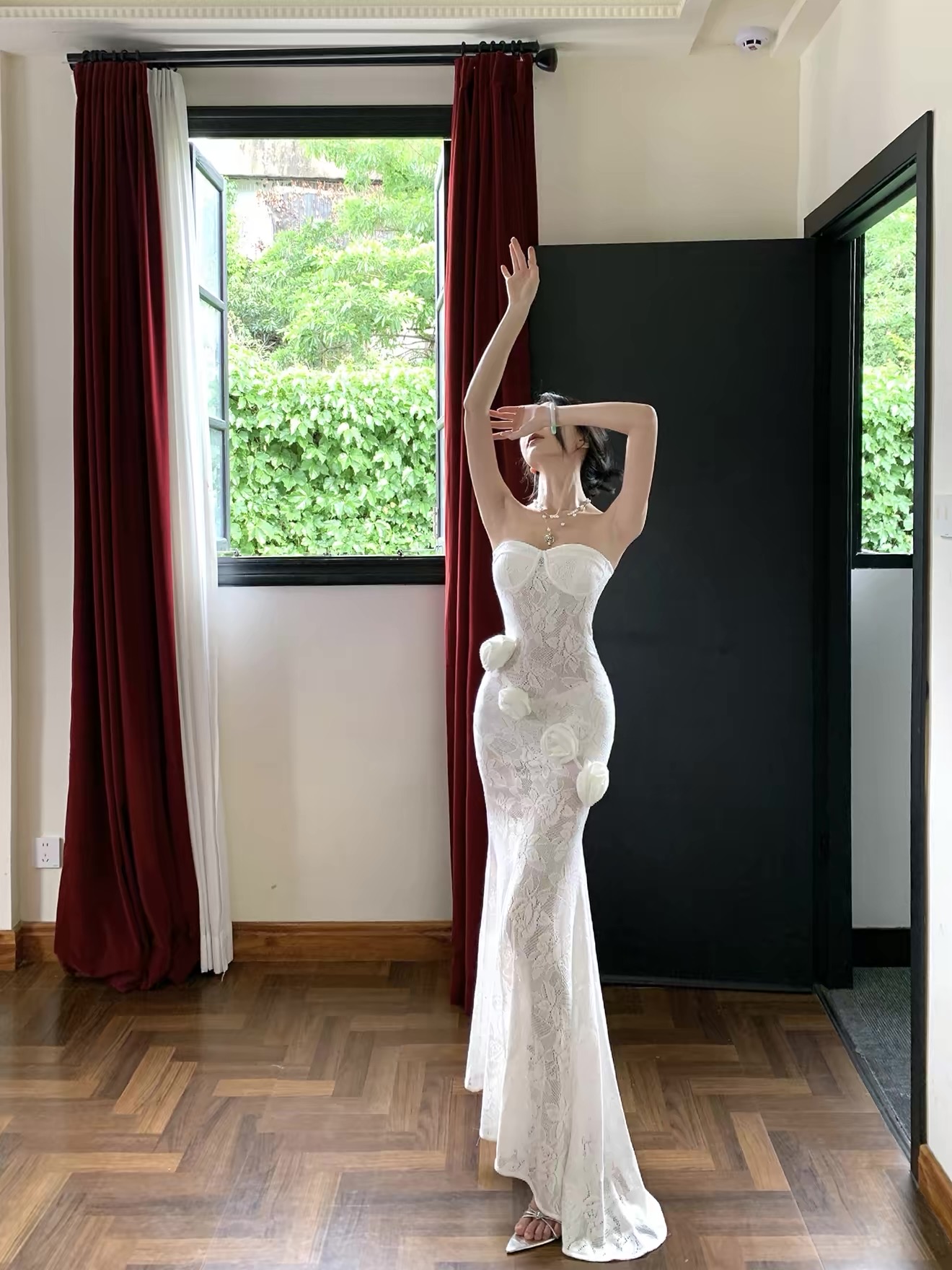Váy maxi ren dáng ôm phối hoa_Y116