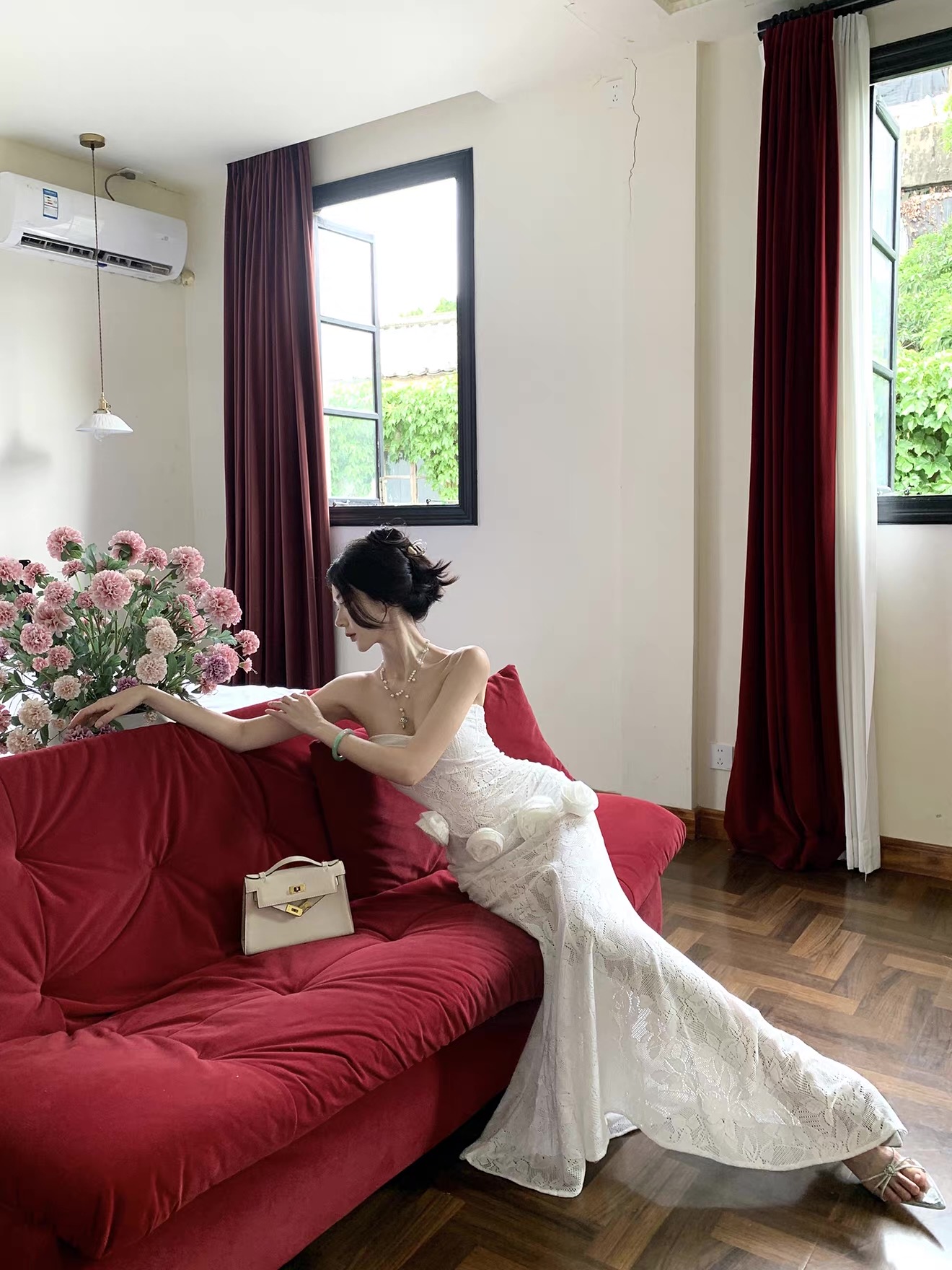 Váy maxi ren dáng ôm phối hoa_Y116