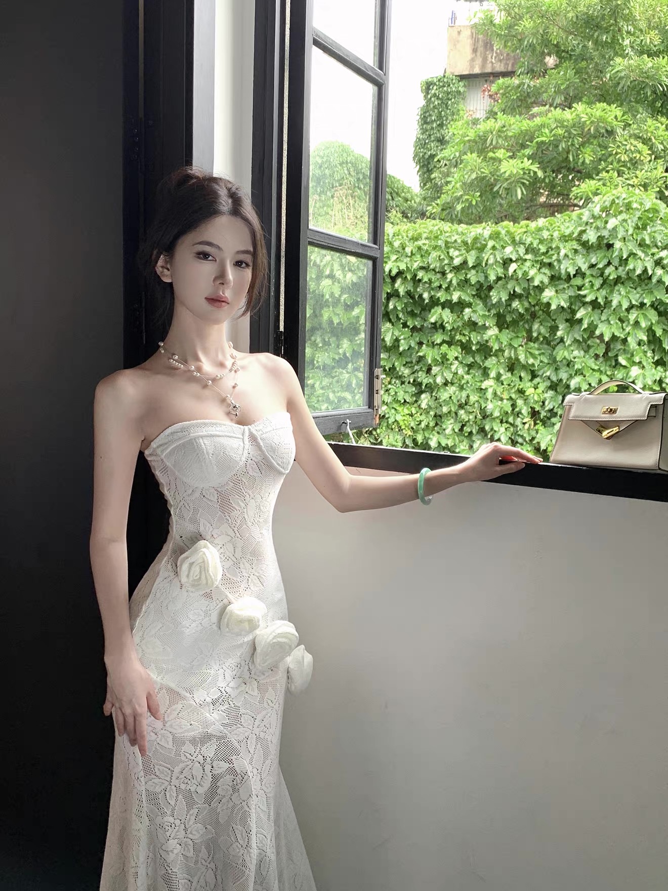 Váy maxi ren dáng ôm phối hoa_Y116