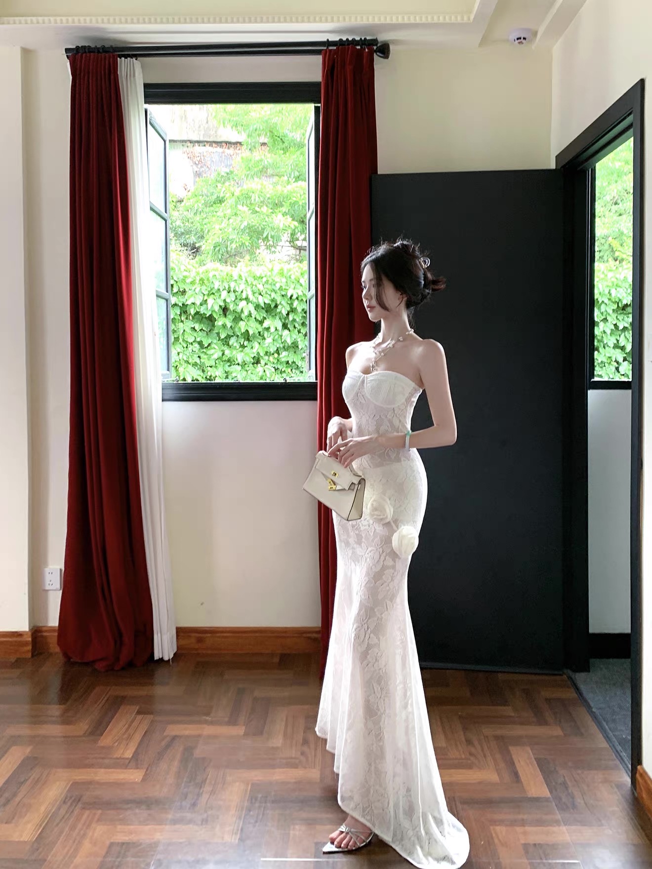 Váy maxi ren dáng ôm phối hoa_Y116