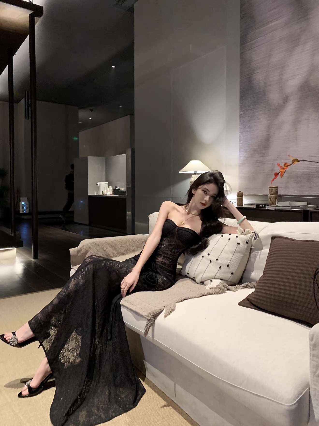 Váy maxi ren dáng ôm phối hoa_Y116