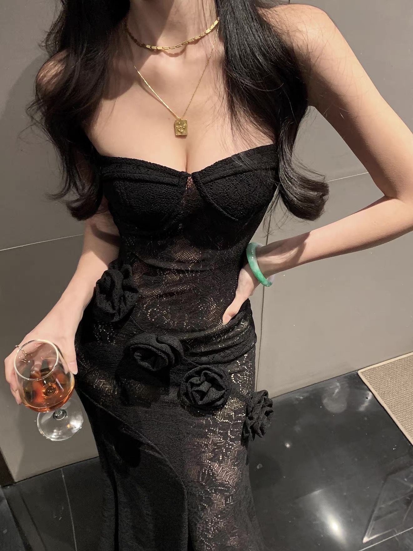 Váy maxi ren dáng ôm phối hoa_Y116