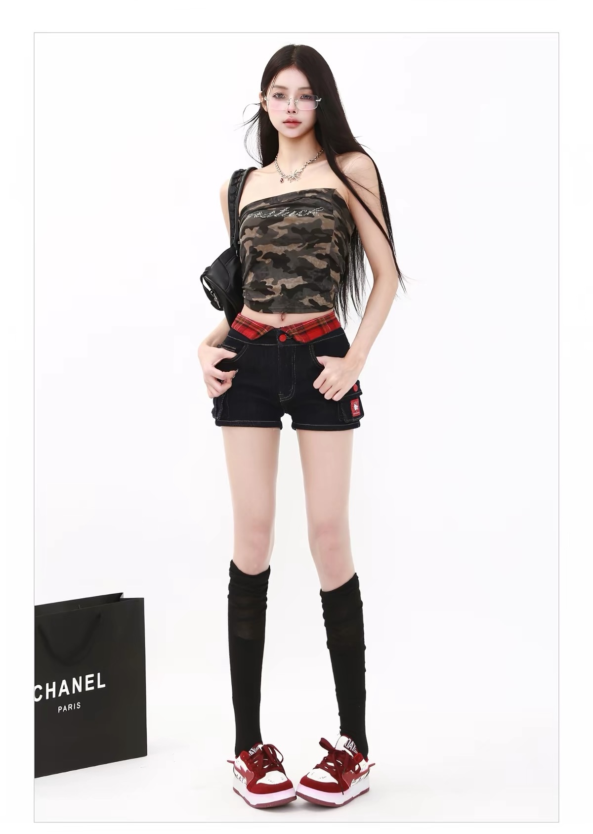 Quần short jean nữ Y2K thêu hình Kitty_E06