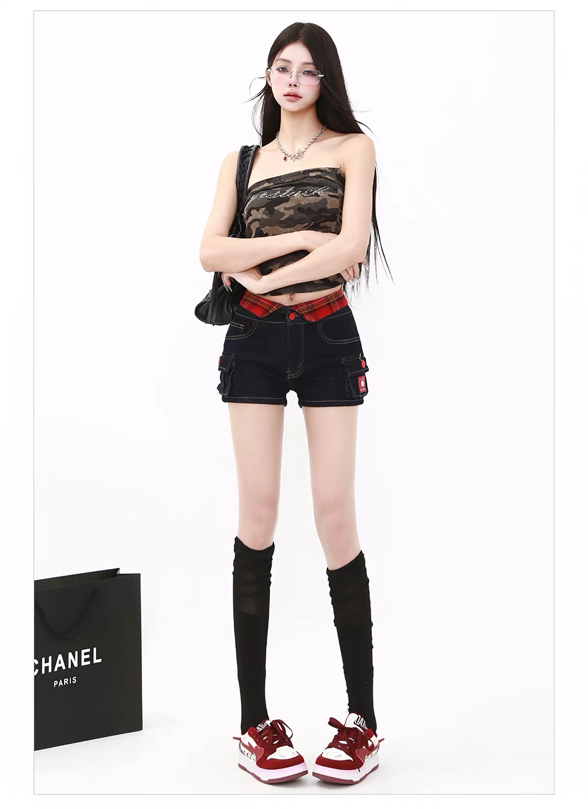 Quần short jean nữ Y2K thêu hình Kitty_E06