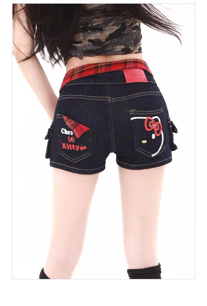 Quần short jean nữ Y2K thêu hình Kitty_E06