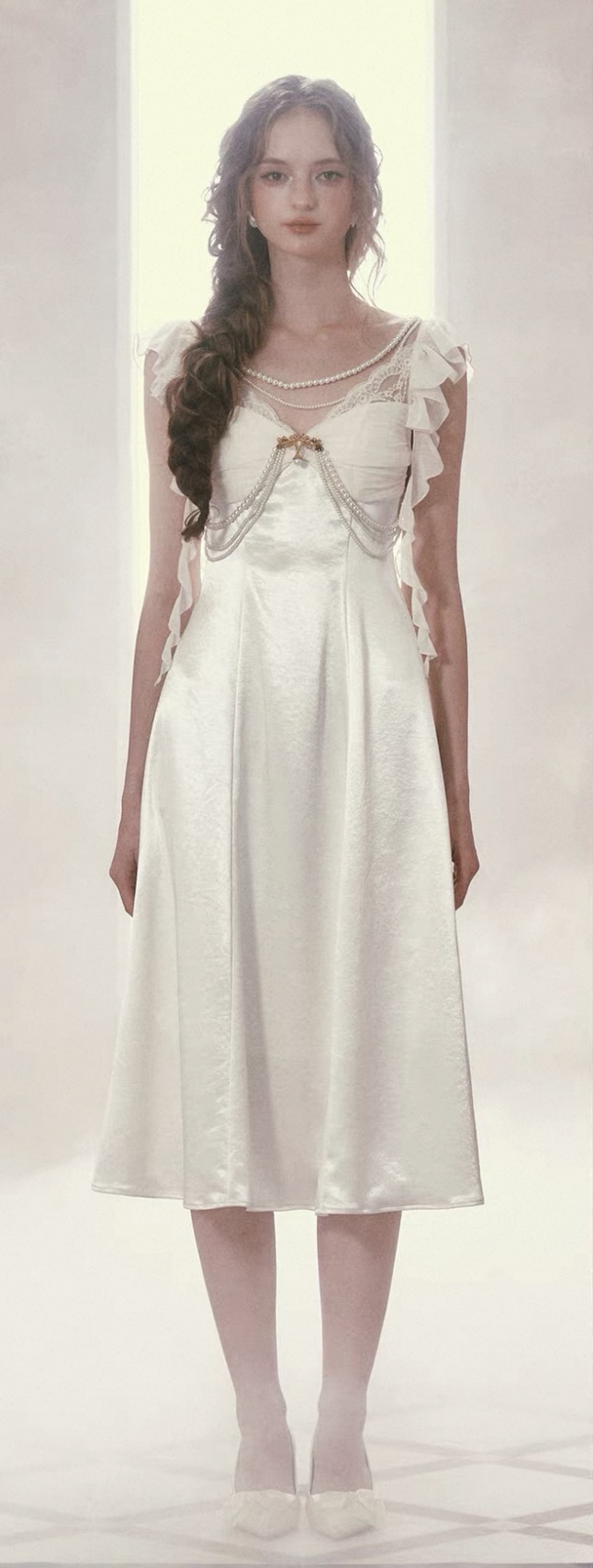 LaceMade váy trắng tay bèo phối dây ngọc trai_Y88