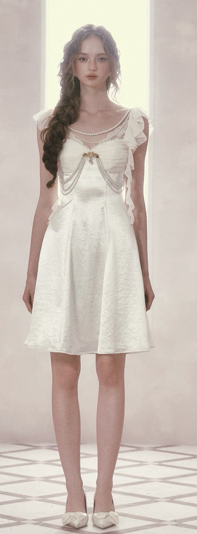 LaceMade váy trắng tay bèo phối dây ngọc trai_Y88