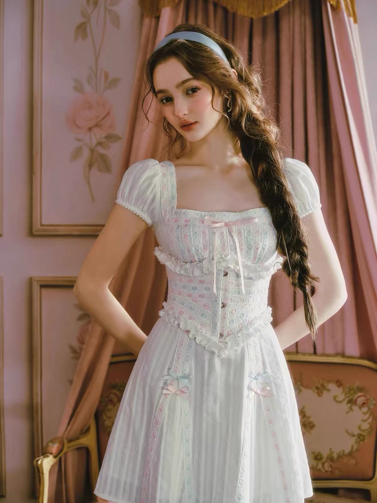 LaceMade váy phồng cổ vuông thắt nơ eo_Y107