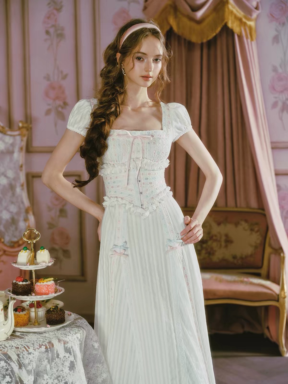 LaceMade váy phồng cổ vuông thắt nơ eo_Y107