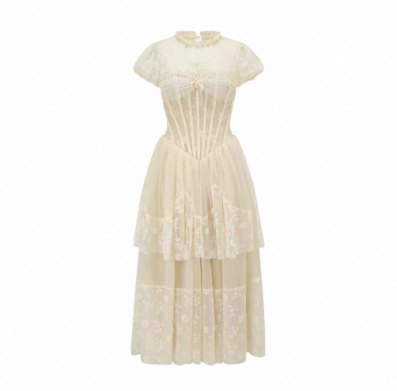 LaceMade váy ren hoa cổ cao tay phồng_Y113