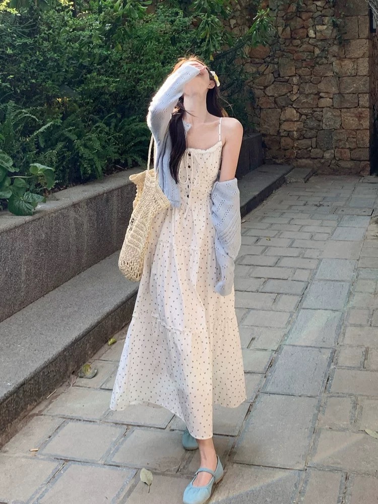 Đầm maxi hoa nhí phối áo cardigan len_V06