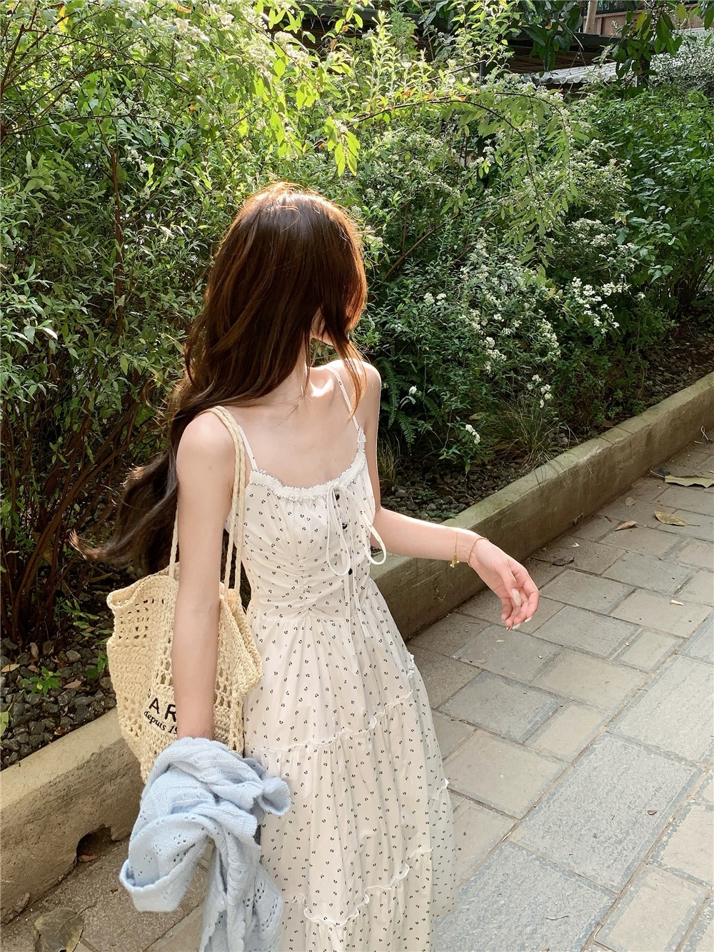 Đầm maxi hoa nhí phối áo cardigan len_V06