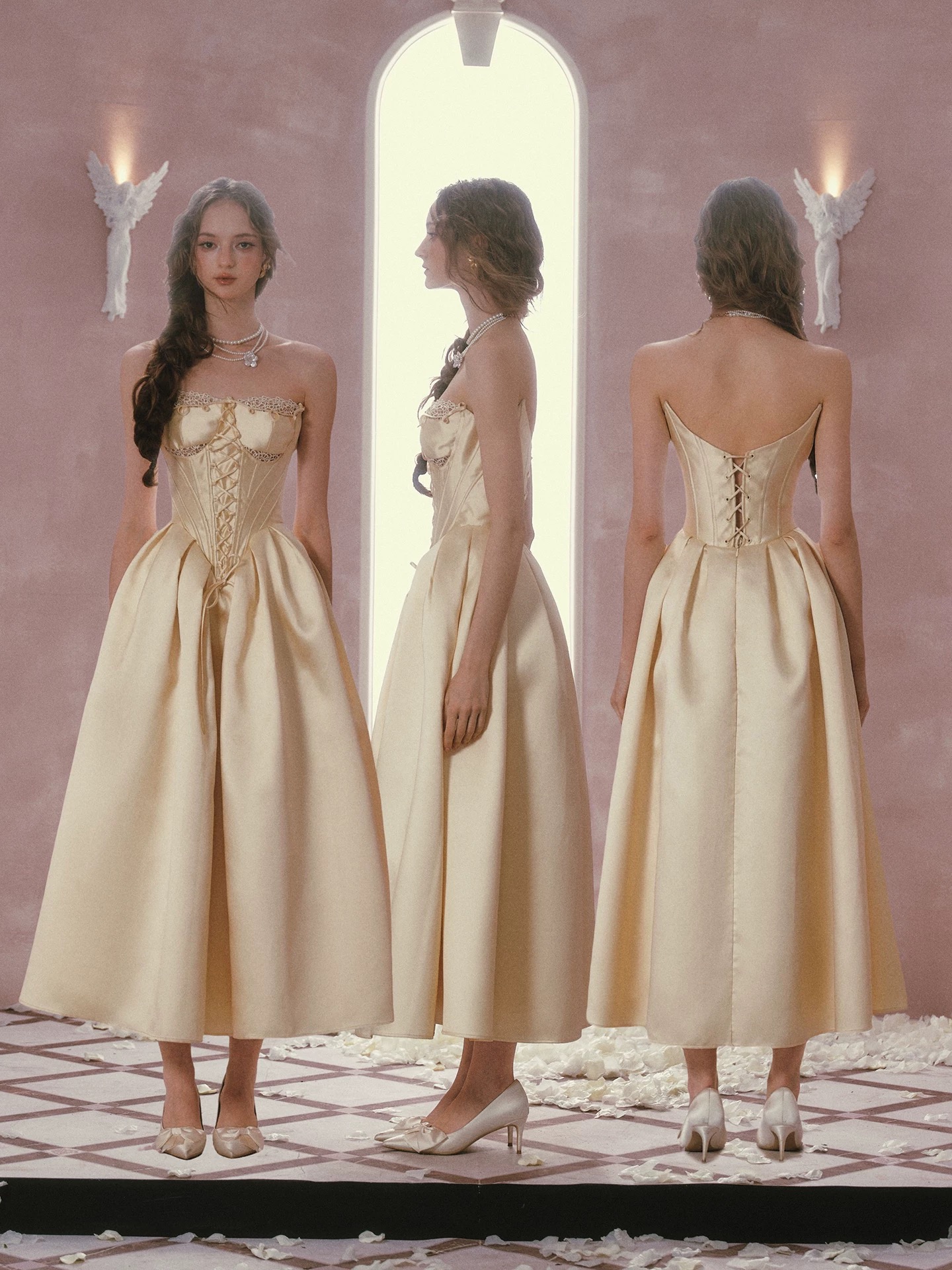 Lacemade váy corset vàng kem dáng xòe vintage công chúa_Y09