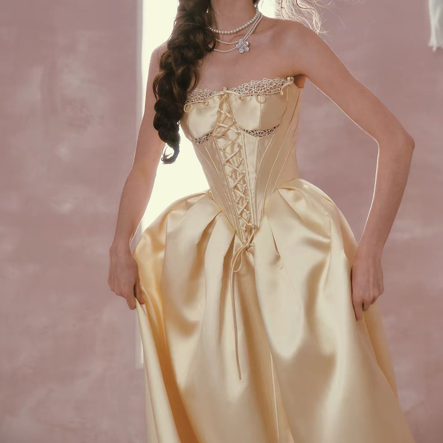 Lacemade váy corset vàng kem dáng xòe vintage công chúa_Y09