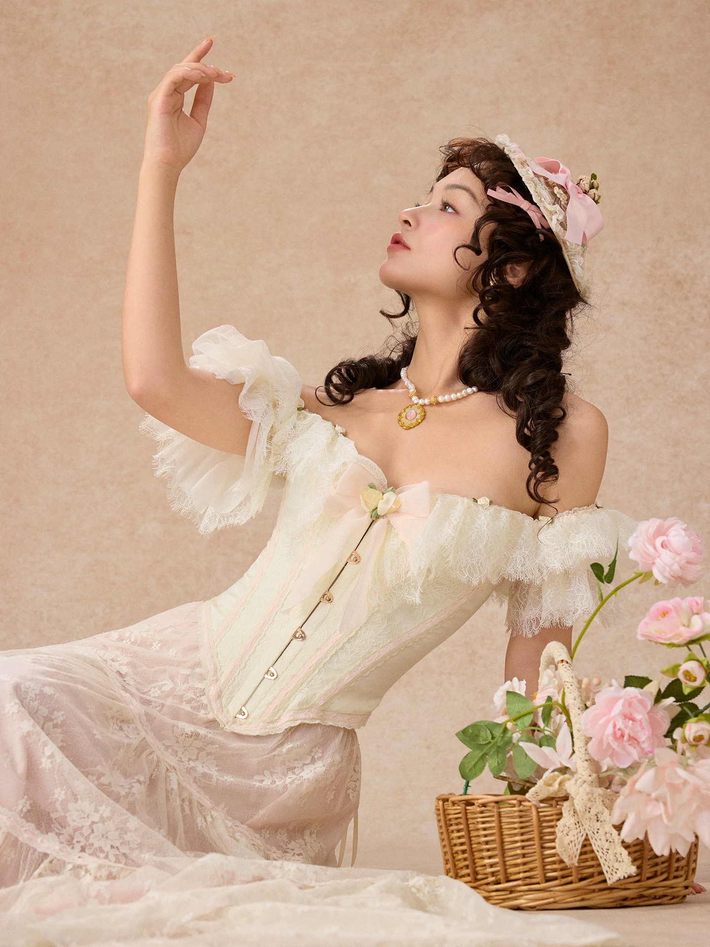 Lacemade váy maxi ren kem phong cách tiểu thư_V30