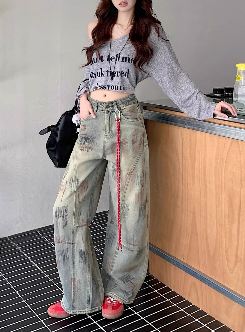 Quần jean ống rộng wash loang cá tính_E03