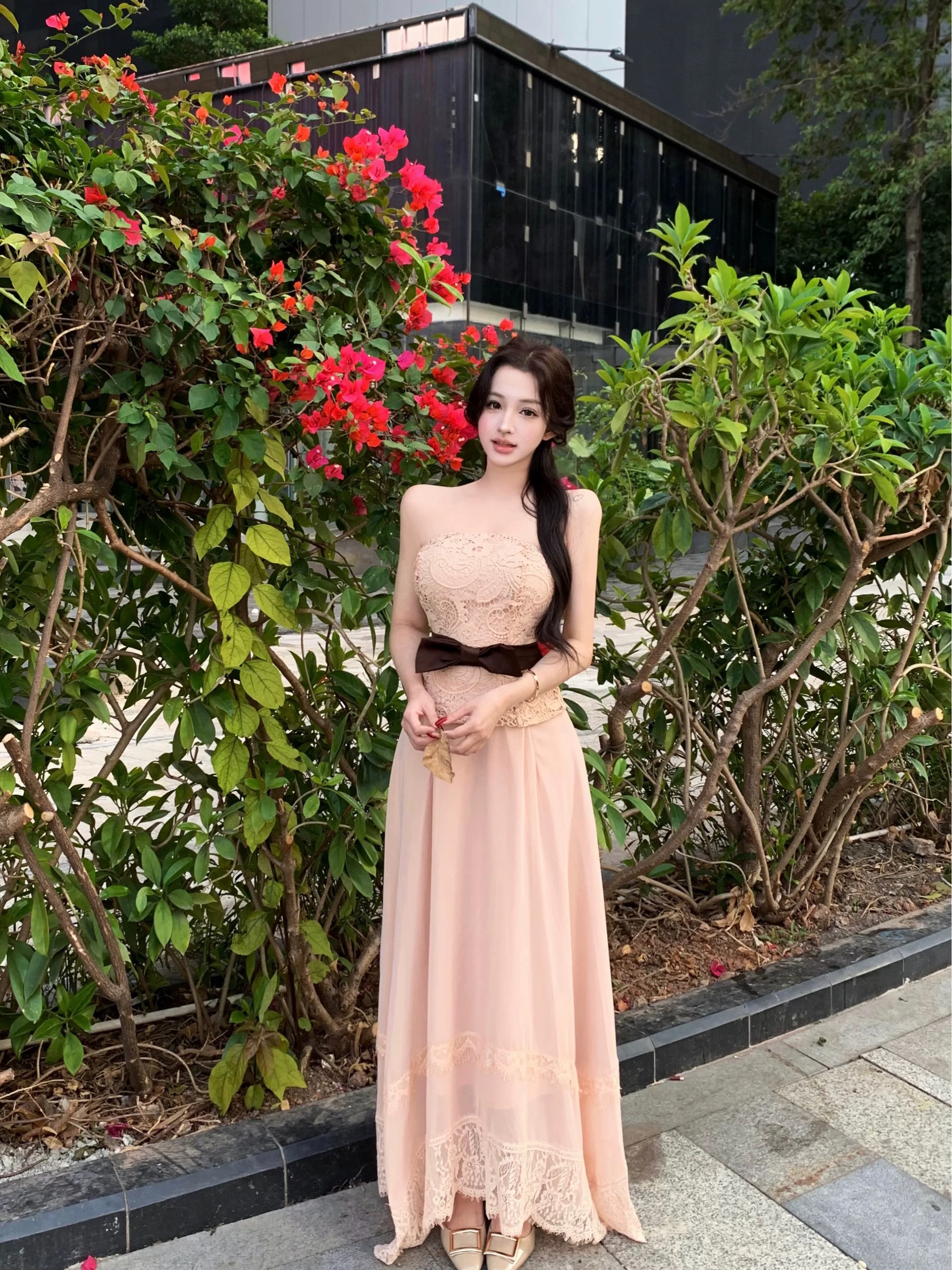 Áo ren chân váy dài thắt nơ eo tiểu thư_V33