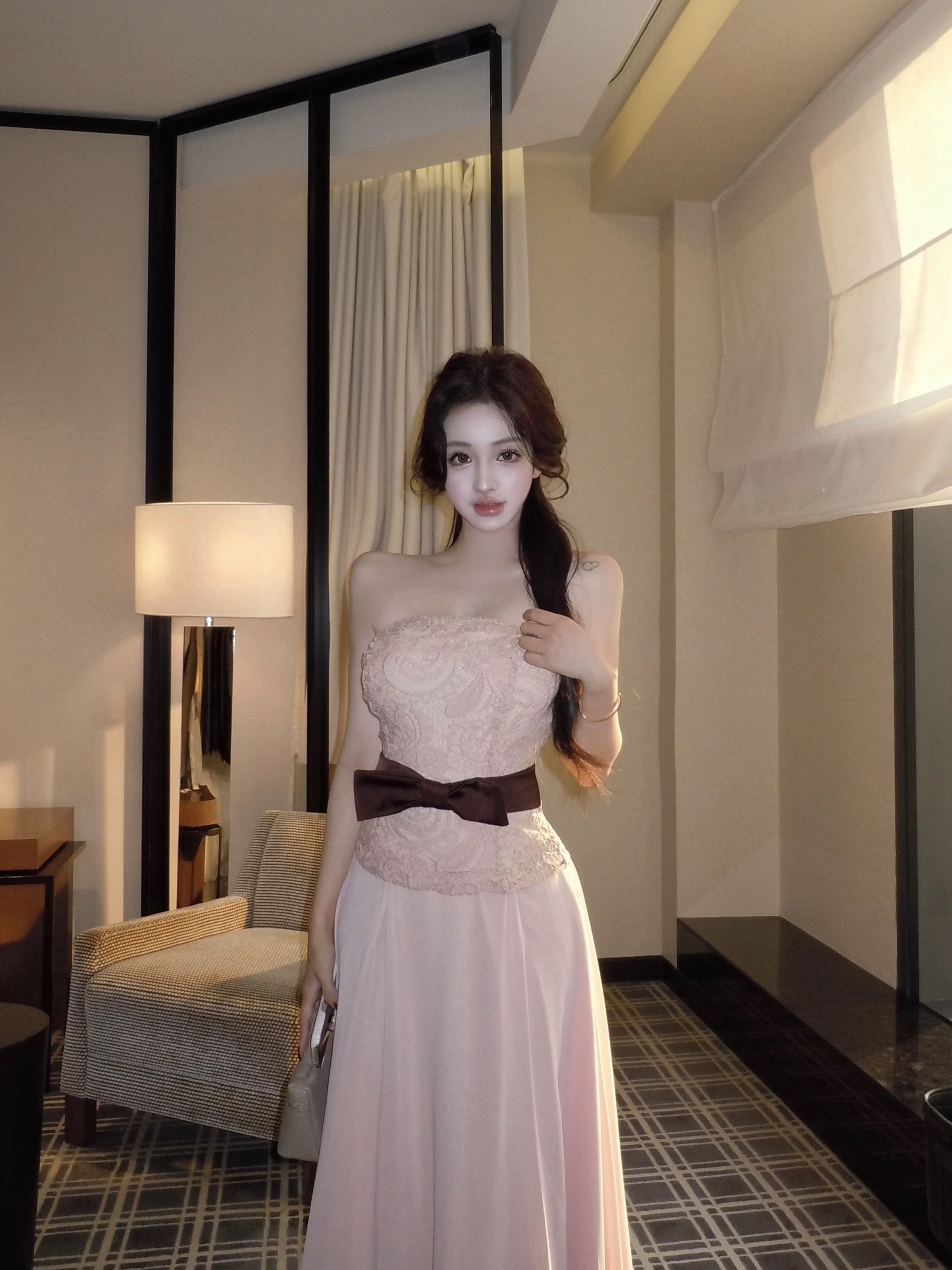 Áo ren chân váy dài thắt nơ eo tiểu thư_V33