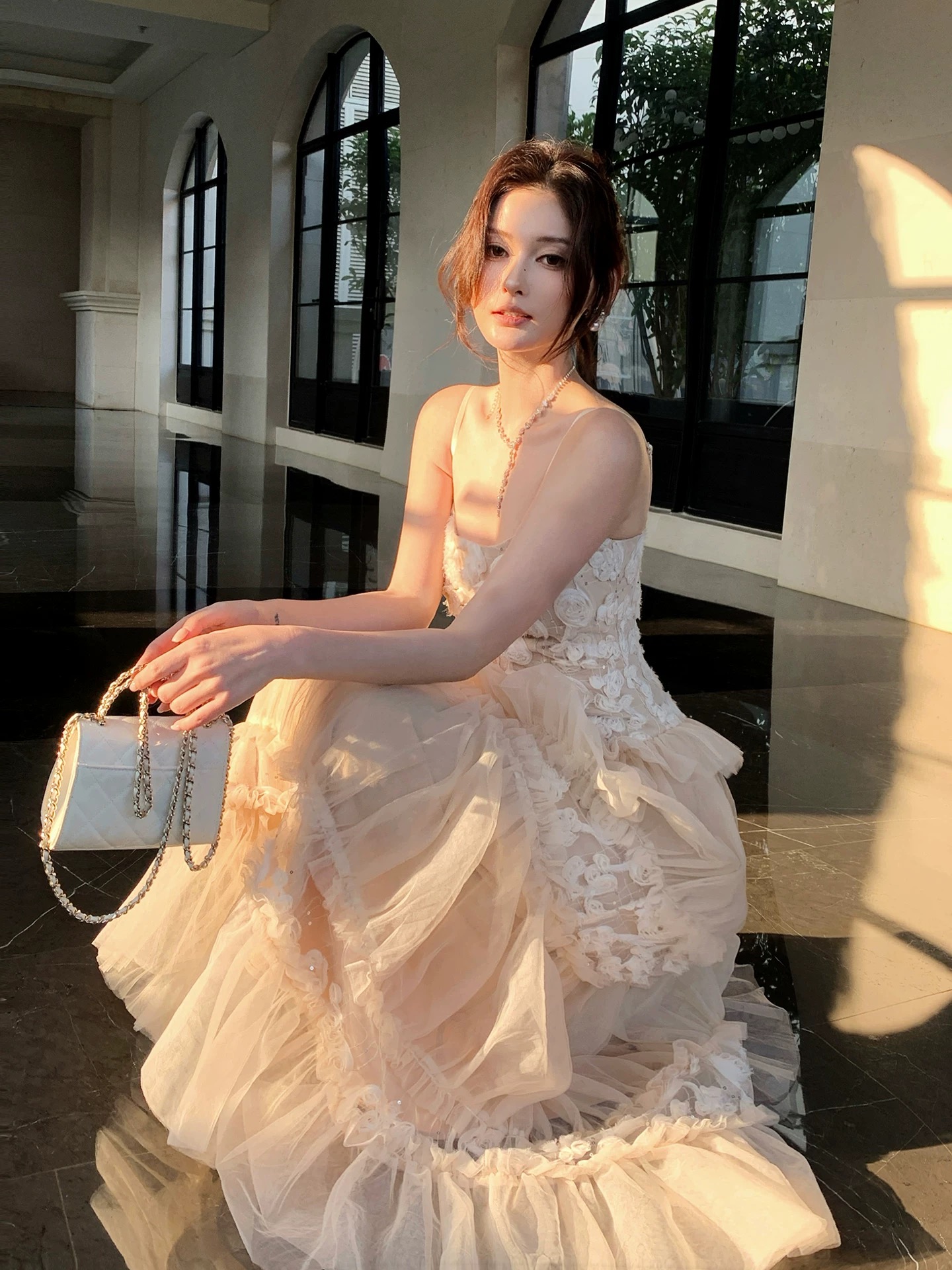 Váy voan nhiều tầng hoa 3D tone đào_Y24