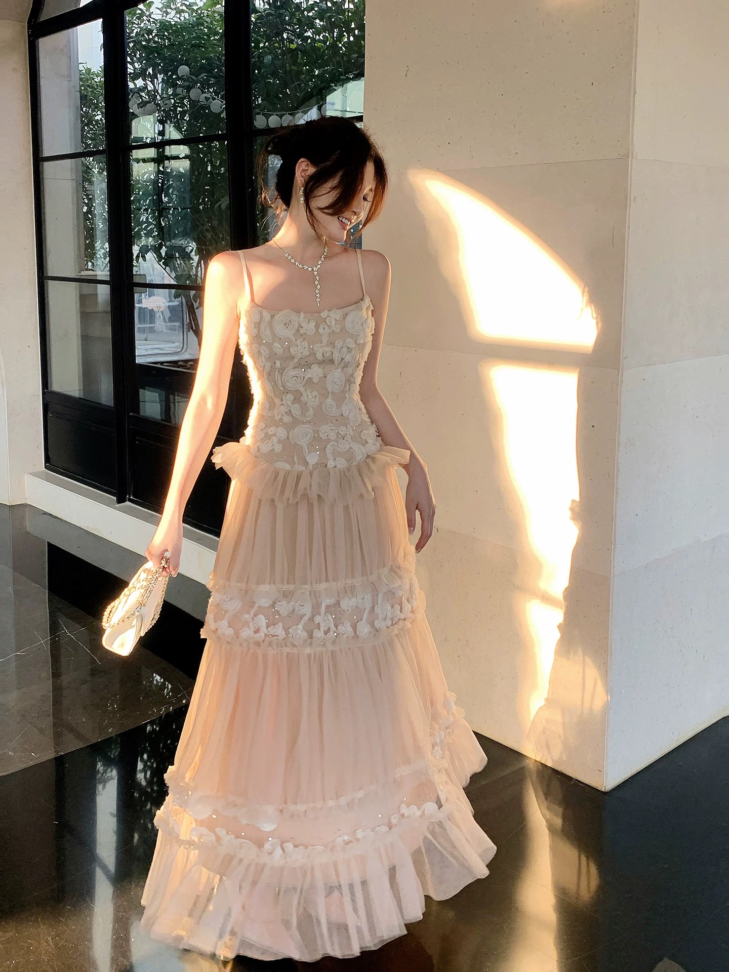 Váy voan nhiều tầng hoa 3D tone đào_Y24