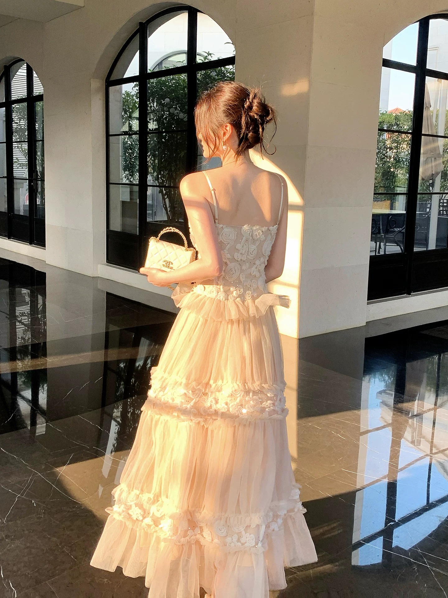 Váy voan nhiều tầng hoa 3D tone đào_Y24