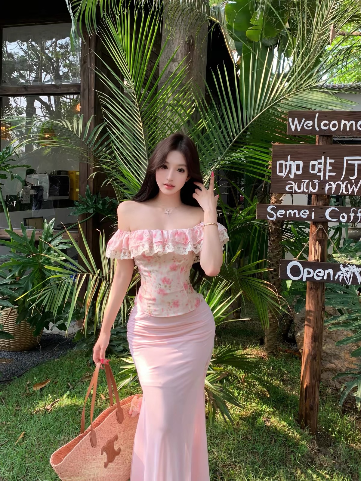 Áo hoa bẹt vai phối chân váy dài ôm_V49