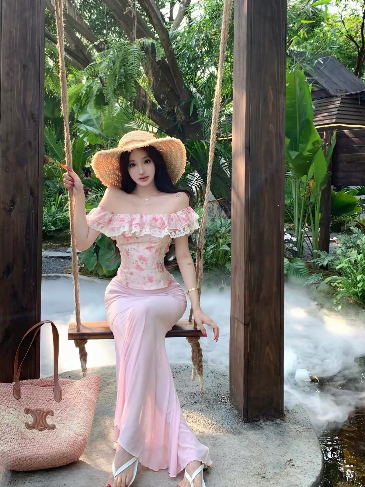 Áo hoa bẹt vai phối chân váy dài ôm_V49