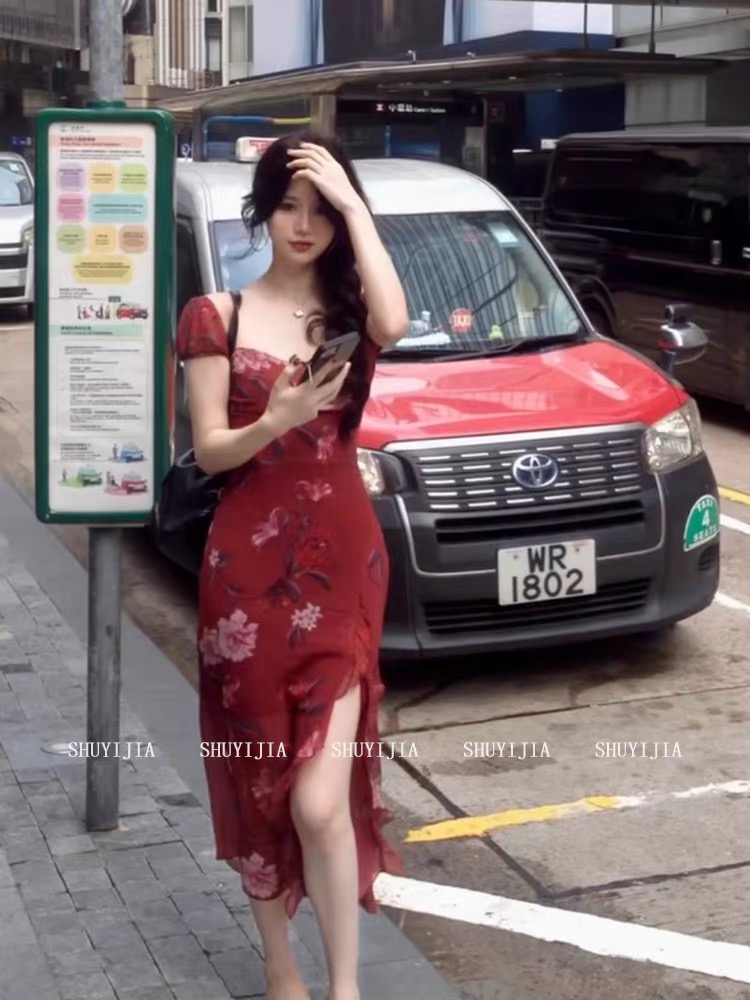 Váy ôm xẻ tà họa tiết hoa vintage_Y30