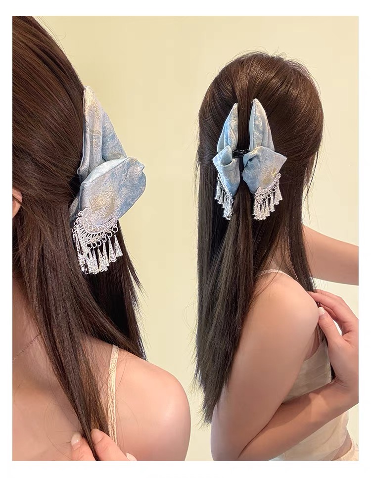 Kẹp tóc nơ lụa họa tiết cổ điển đính tua rua phong cách Trung Hoa_T16