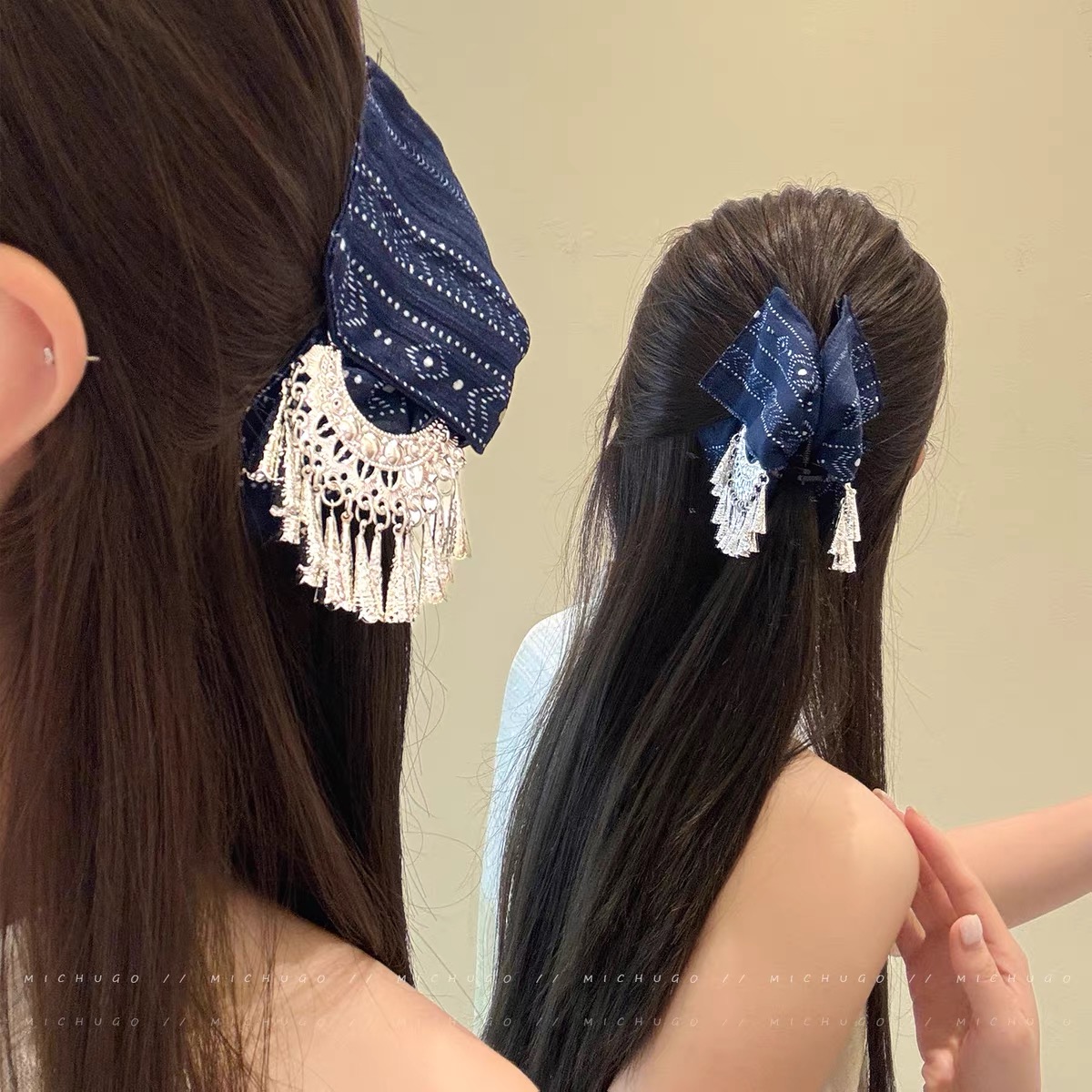 Kẹp tóc nơ lụa họa tiết cổ điển đính tua rua phong cách Trung Hoa_T16