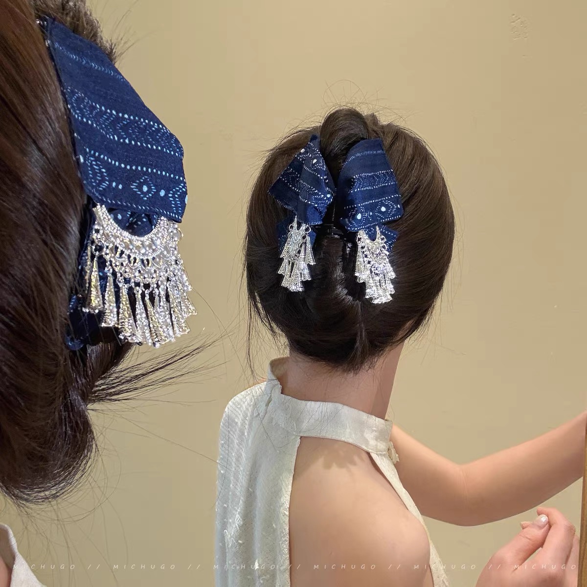 Kẹp tóc nơ lụa họa tiết cổ điển đính tua rua phong cách Trung Hoa_T16