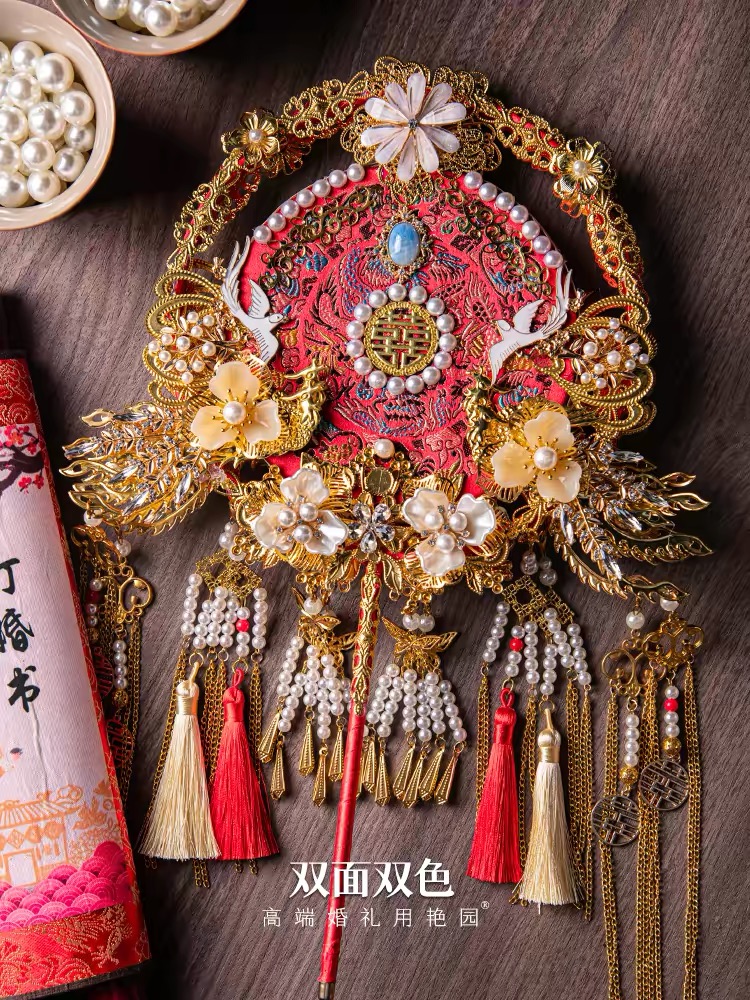 Quạt cưới cầm tay thêu hoa_X09