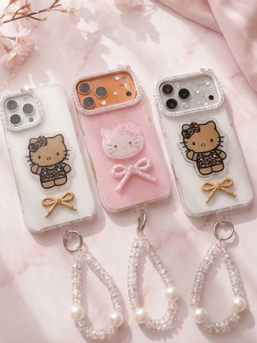 Ốp Lưng iPhone Mèo Kitty Nơ Ngọc Lung Linh Cam tai mèo - Dùng Là Xinh