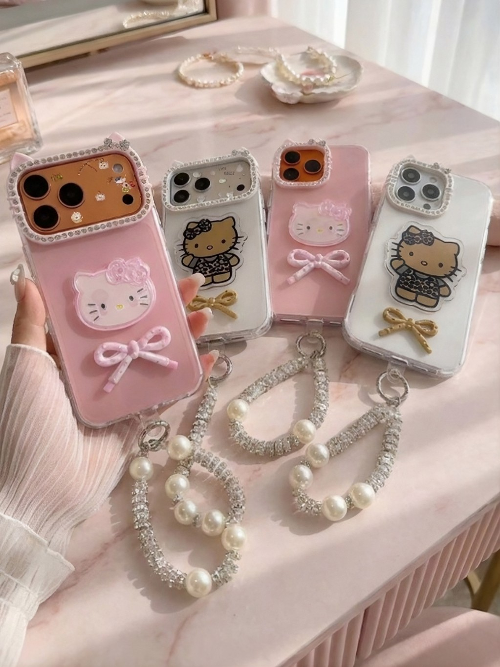 Ốp Lưng iPhone Mèo Kitty Nơ Ngọc Lung Linh Cam tai mèo - Dùng Là Xinh