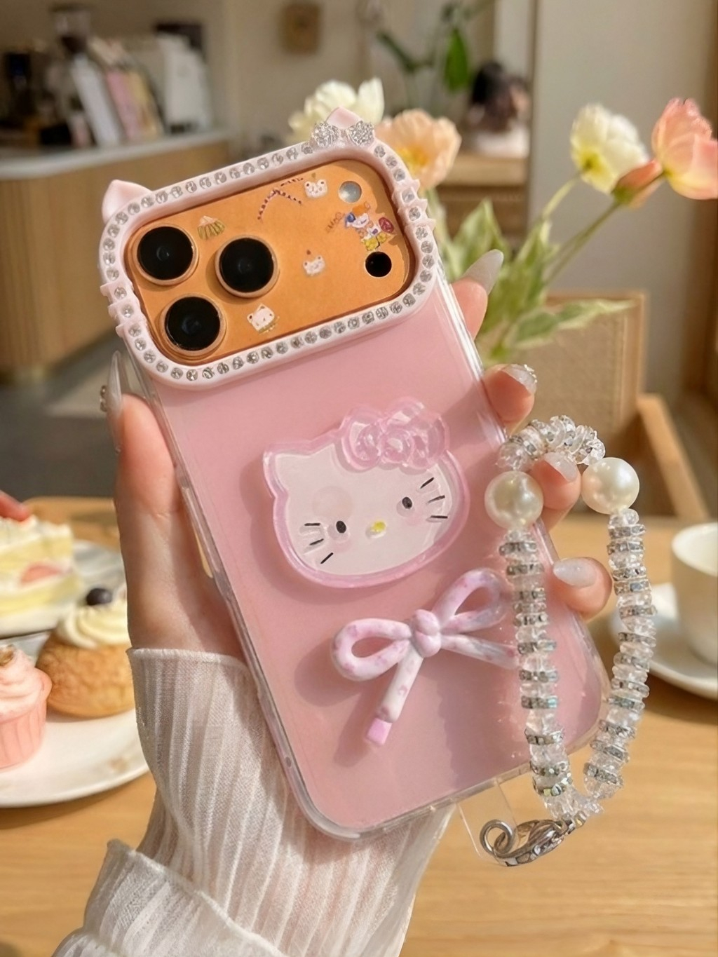 Ốp Lưng iPhone Mèo Kitty Nơ Ngọc Lung Linh Cam tai mèo - Dùng Là Xinh