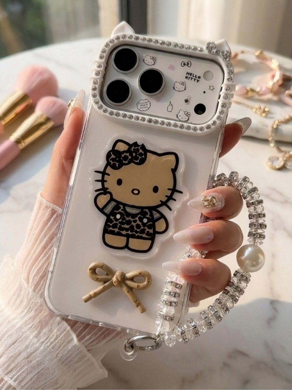 Ốp Lưng iPhone Mèo Kitty Nơ Ngọc Lung Linh Cam tai mèo - Dùng Là Xinh