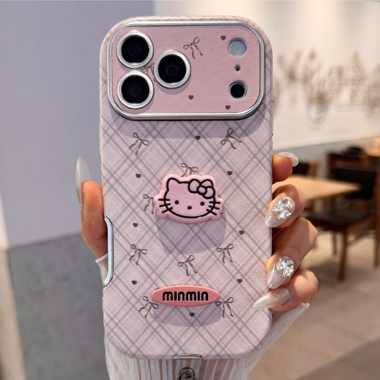 Combo Ốp Lưng IPHONE Caro Nơ Hồng Và Mèo Kitty Vintage Pink Bow Plaid Case