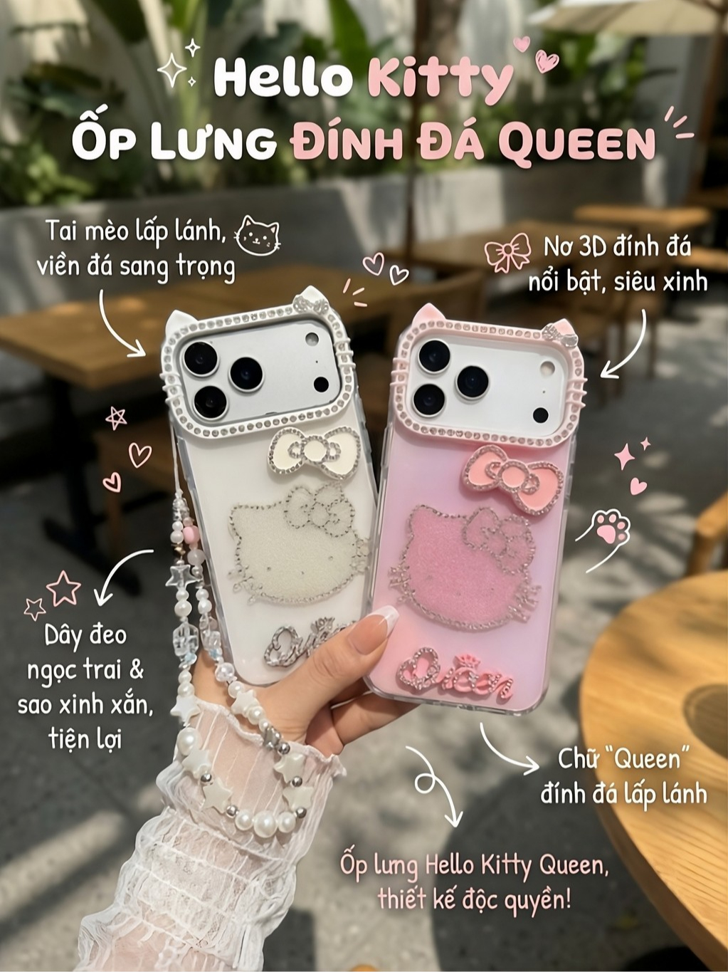 Ốp Lưng Iphone Hello Kitty Đính Đá Chữ Queen