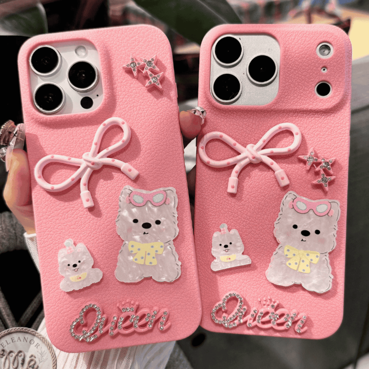 Ốp Lưng iPhone Da Vân Pink Luxury Gắn Charm