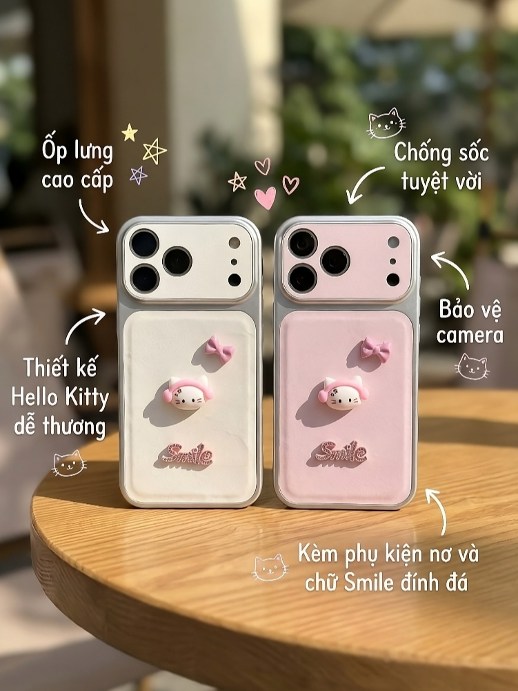 Ốp Lưng Iphone Hello Kitty Đính Charm 3D - Chống Sốc, Bảo Vệ Camera Toàn Diện
