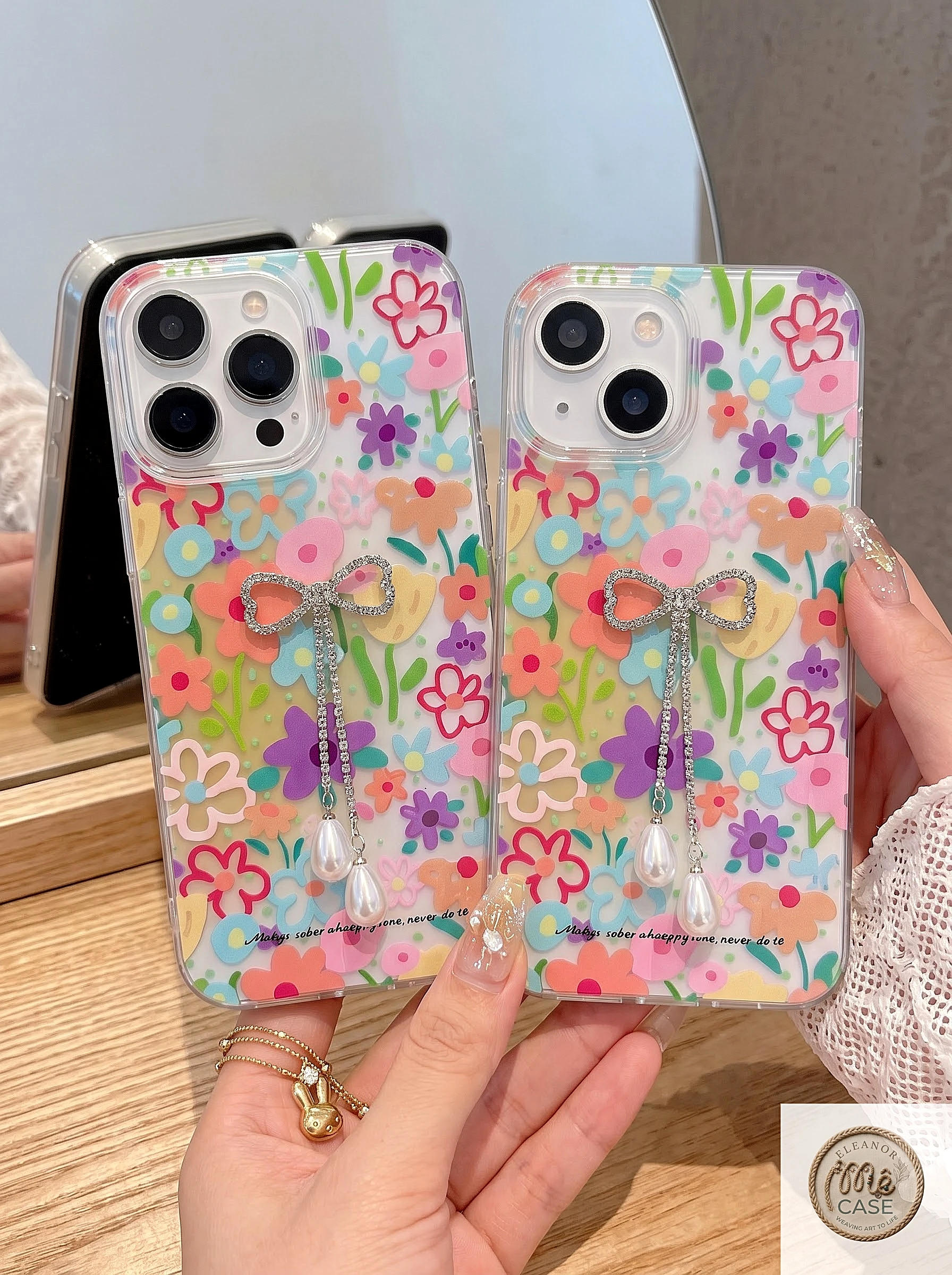 MÃ 45. Ốp Lưng Iphone Hoa Rực Rỡ Đính Nơ Dây Ngọc