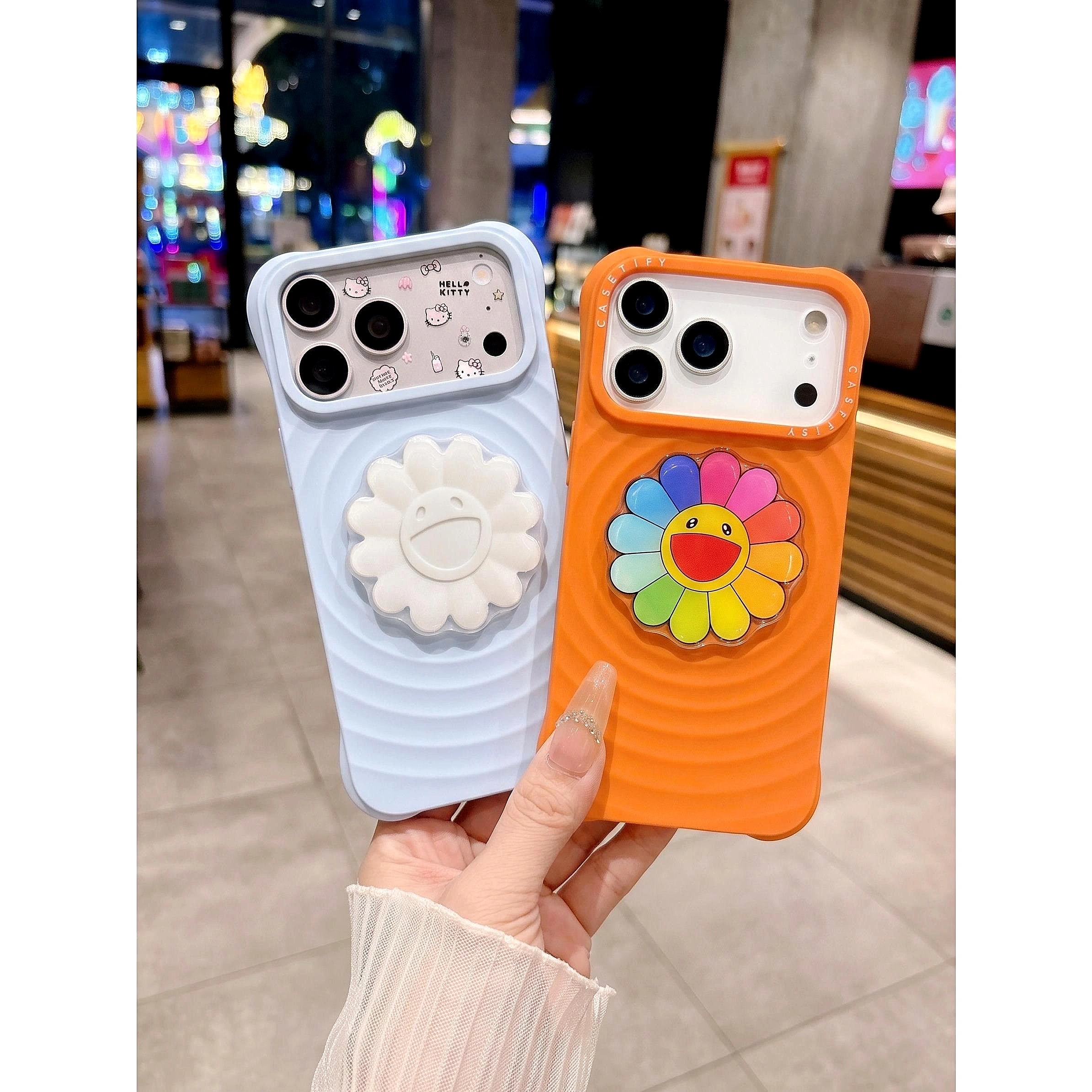 Ốp Lưng Iphone Vân Gợn Sóng Đính Charm Nổi 3D Hoa Mặt Cười Chống Sốc