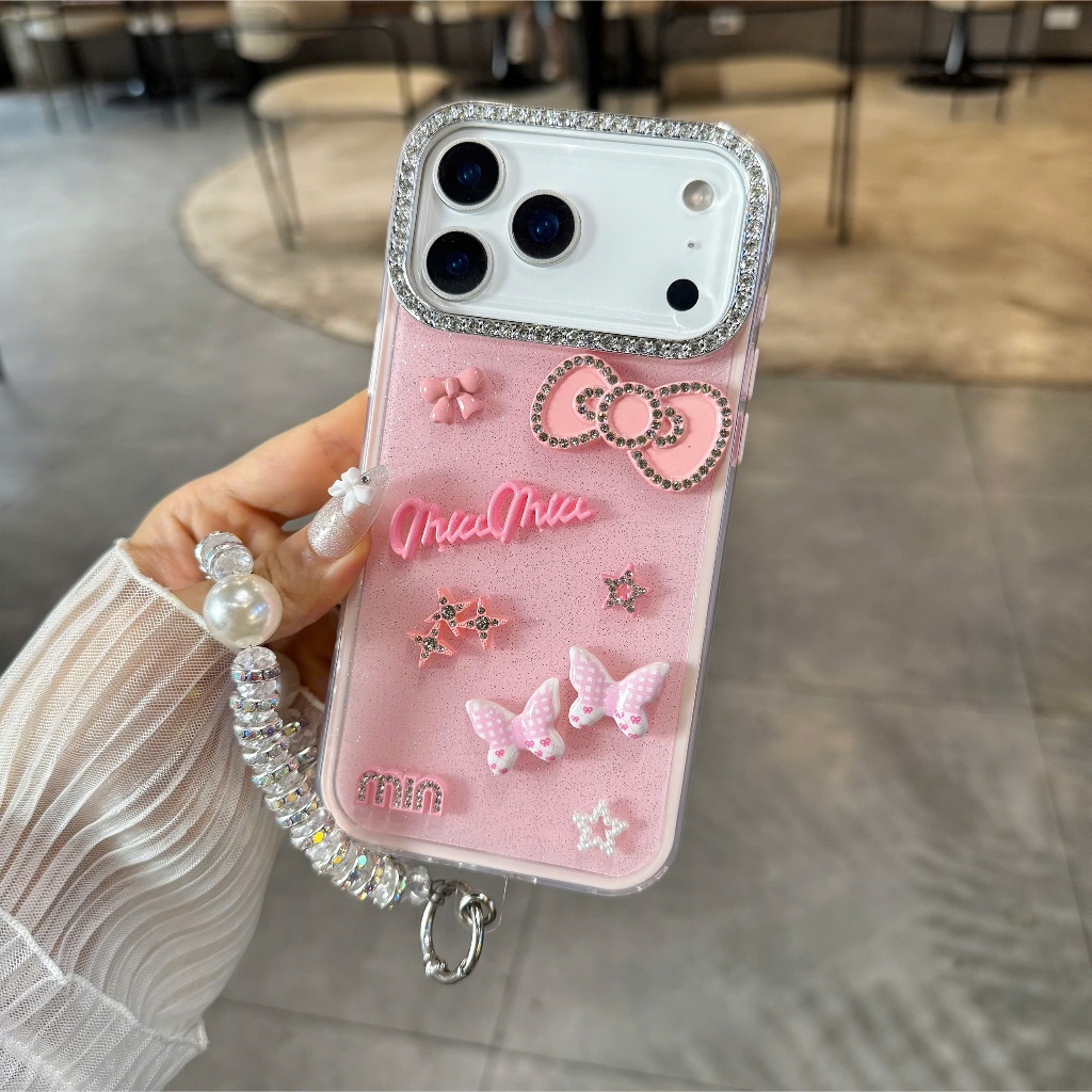 Ốp Lưng iPhone Hồng Nhũ Nơ Xinh Bling Bling