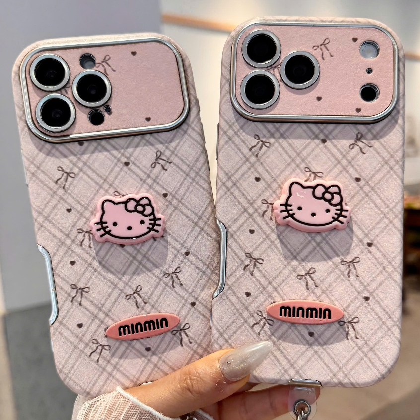 Combo Ốp Lưng IPHONE Caro Nơ Hồng Và Mèo Kitty Vintage Pink Bow Plaid Case